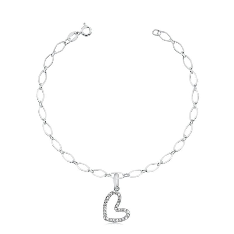 Pulseira de coração em Prata 925 com zircônias, hipoalergênica, 18cm com extensor e garantia vitalícia.