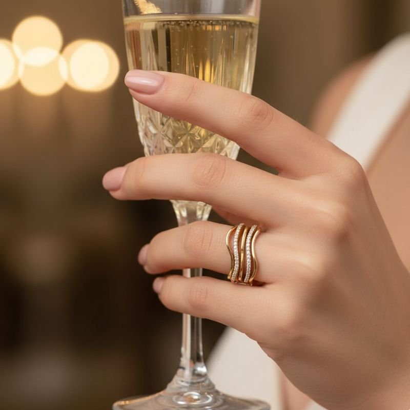 Anel Ondas Cravejadas Banhado a Ouro 18k