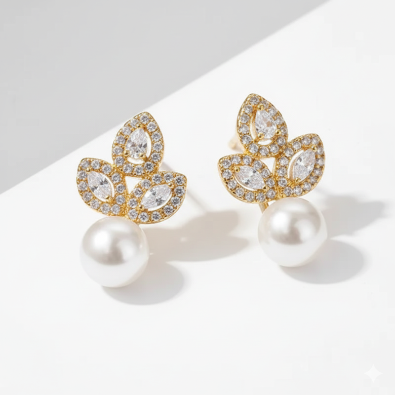 BRINCO PÉROLA E FOLHAS COM PEDRAS