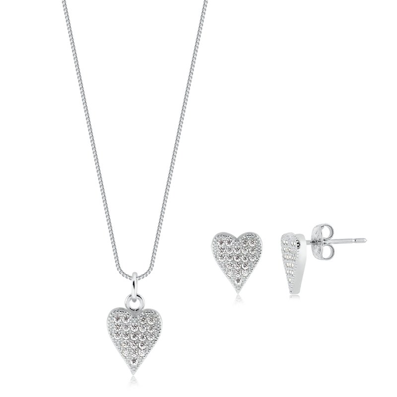 CONJUNTO PRATA CORAÇÃO ZIRCÕNIA