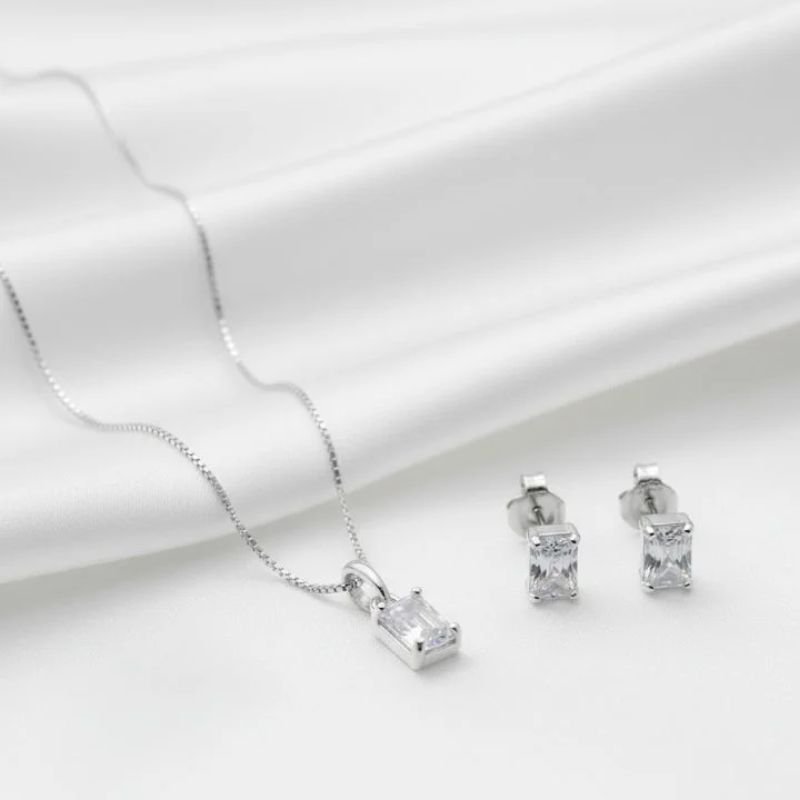 CONJUNTO PRATA PEDRAS RETANGULARES