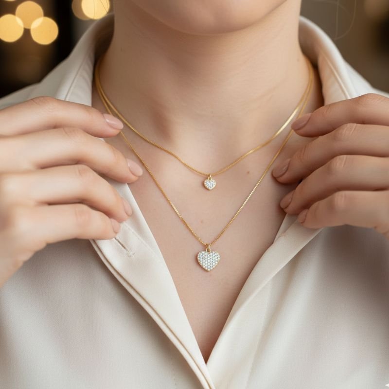 GARGANTILHA DUPLA CORAÇÕES EM ZIRCÔNIA BANHADA A OURO COM GARANTIA