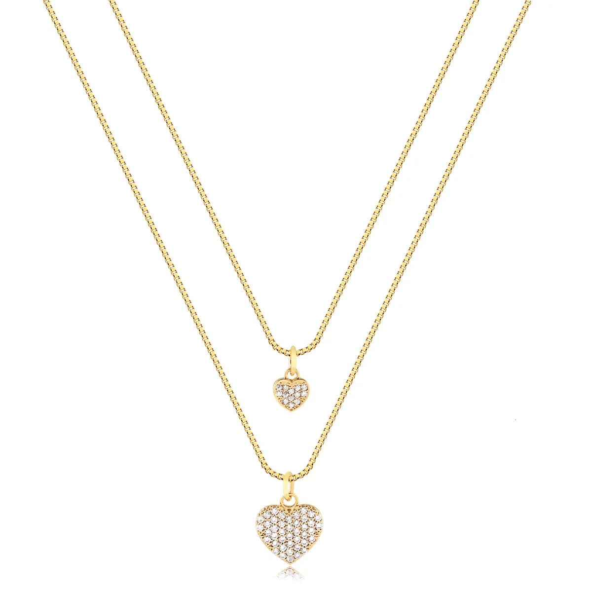 GARGANTILHA DUPLA CORAÇÕES EM ZIRCÔNIA BANHADA A OURO COM GARANTIA