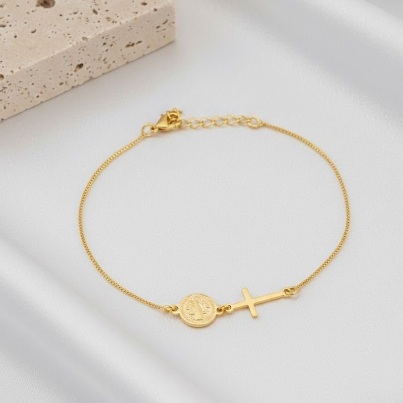 PULSEIRA CRUZ E SÃO BENTO BANHADA A OURO