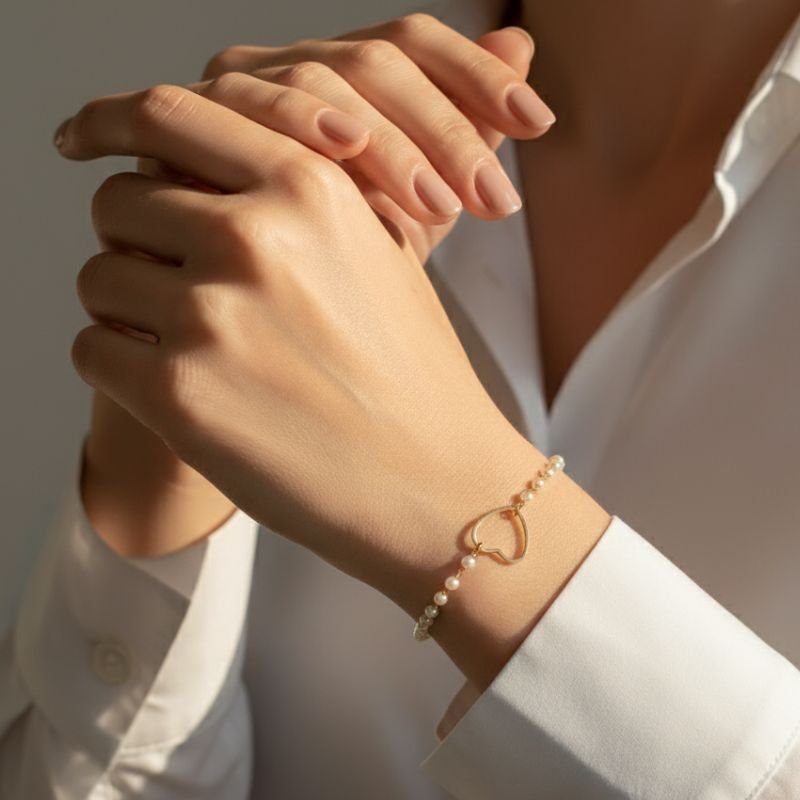PULSEIRA PÉROLAS E CORAÇÃO FOLHEADO