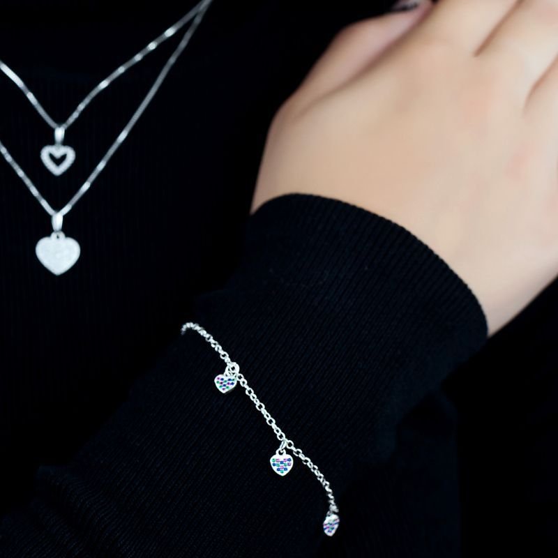 PULSEIRA PRATA 3 CORAÇÕES MULTICOLOR