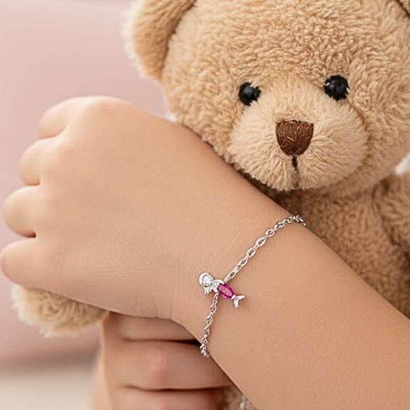 PULSEIRA PRATA INFANTIL SEREIA PEDRA ROSA