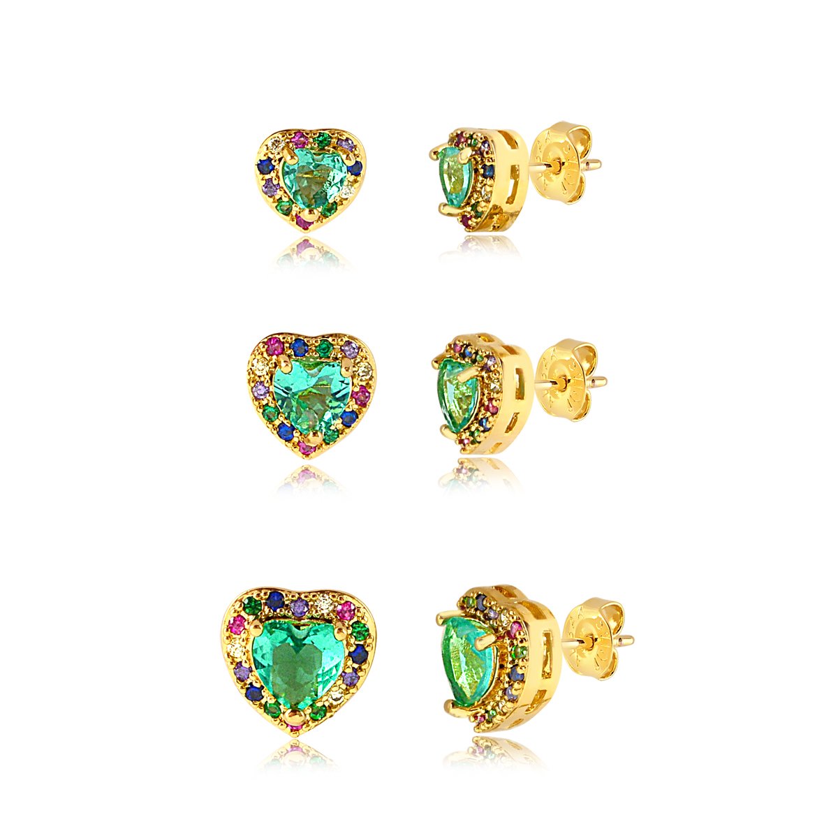 TRIO CORAÇÃO MULTICOLOR E PEDRA VERDE